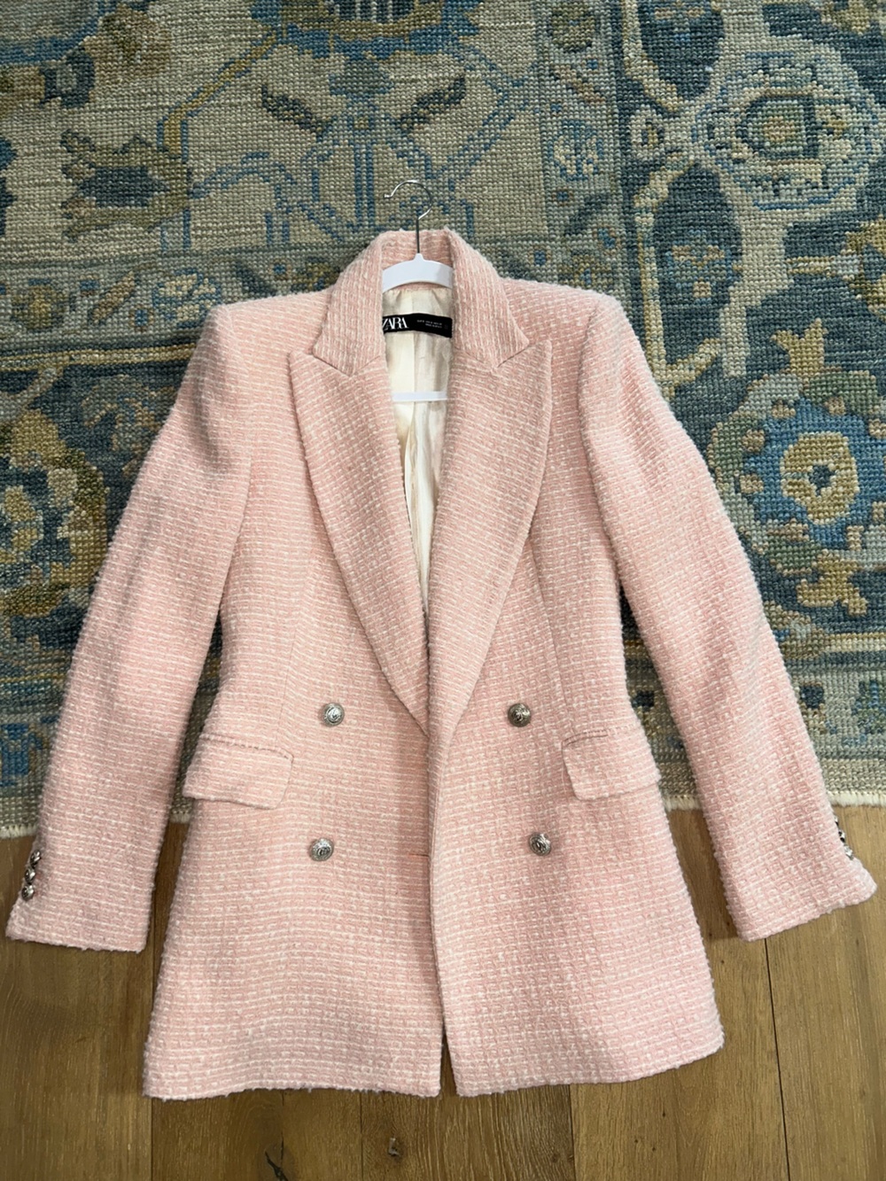 Zara Soft Pink Tweed Double-Breasted Blazer
